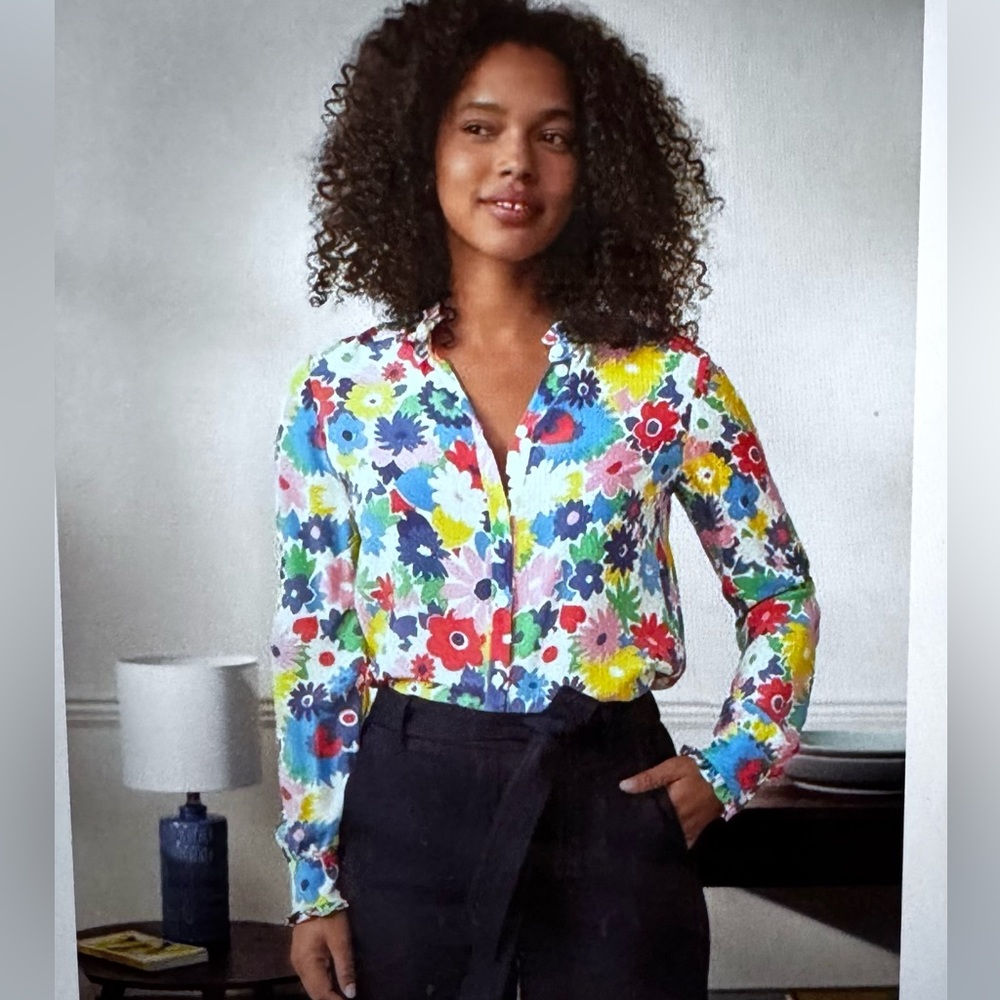 Boden Ruffle Silk Shirt in Ivory, Paintbox Ditsy,  Size 2